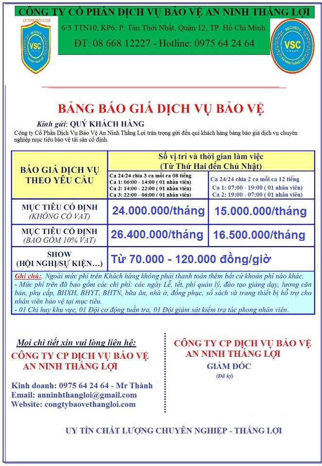 Báo Giá Bảo Vệ Tại Bình Dương
