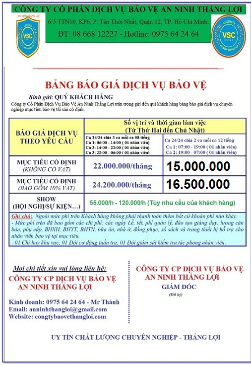 Báo Giá Dịch Vụ Bảo Vệ Tháng 9