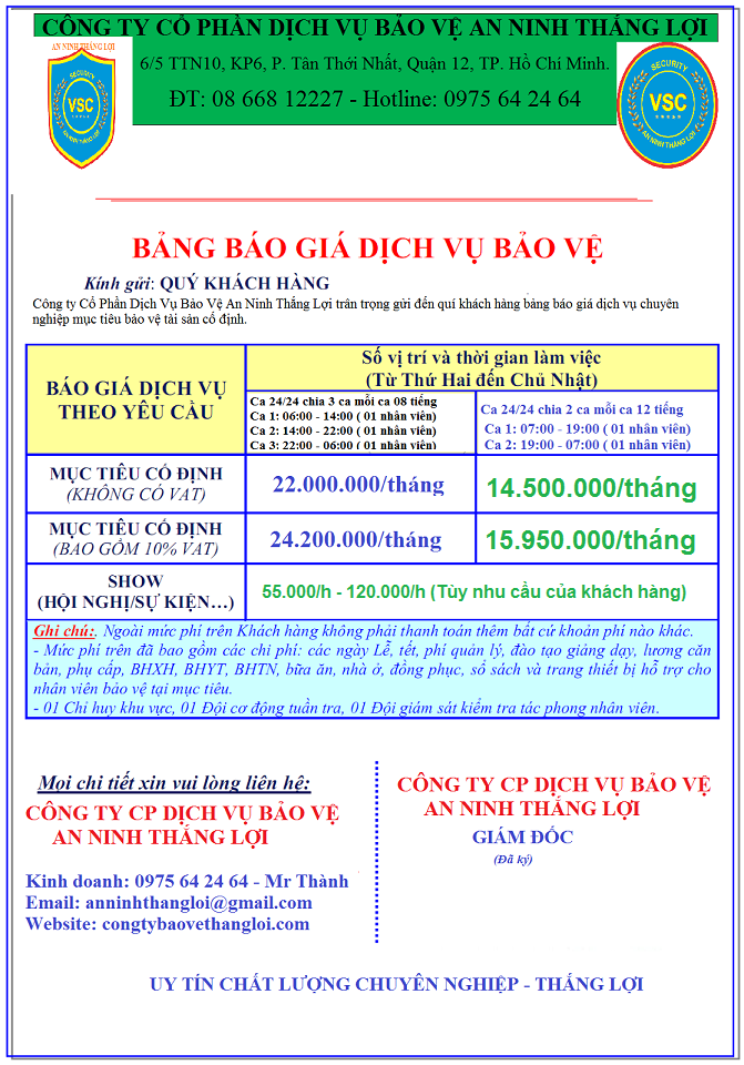 Báo giá dịch vụ bảo vệ tháng 05/2018